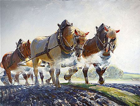 Farmer plowing with four draft horses
