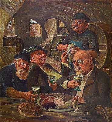 Vier Männer im Weinkeller