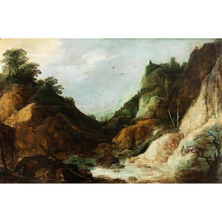 MOUNTAIN LANDSCAPE WITH SMALL WATERFALL
