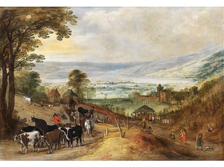 VAST MOUNTAINOUS LANDSCAPE WITH RETURNING HERD OF CATTLE