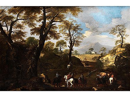 WOODED LANDSCAPE WITH RIDERS