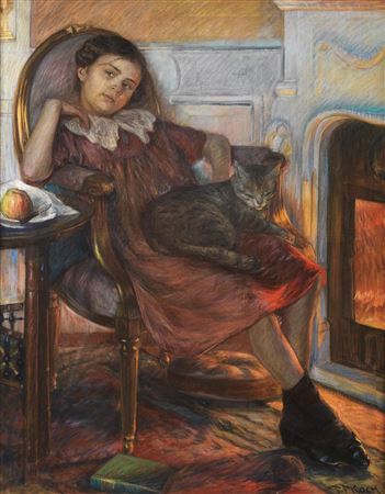 GIRL WITH CAT BY THE FIRE