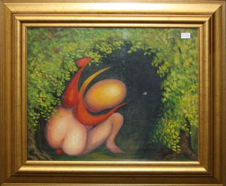 A surreal depiction of an abstract crouching figure