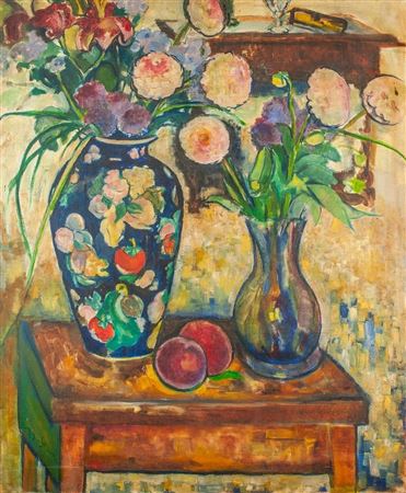 Still life with flowers and peaches