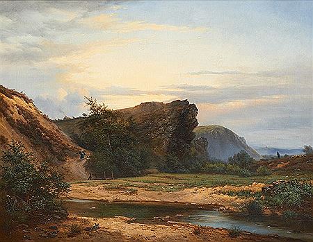 Promeneur et gardien de moutons sur fond de paysage brumeux.