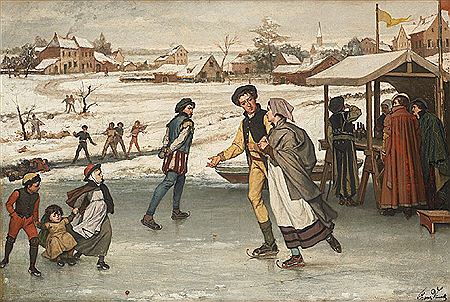 Patineurs sur un bras de mer gelé.