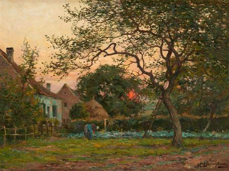 Sunset on the farm by Auguste Breugelmans - Auction record, sale price, and art valuation. Compare with similar artists and explore comparable artworks.