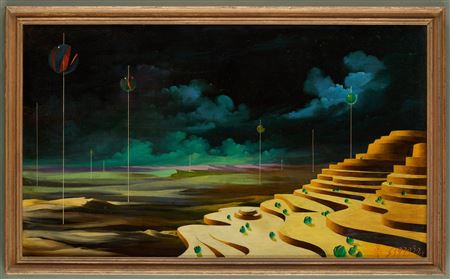 Surrealist landscape with marbles