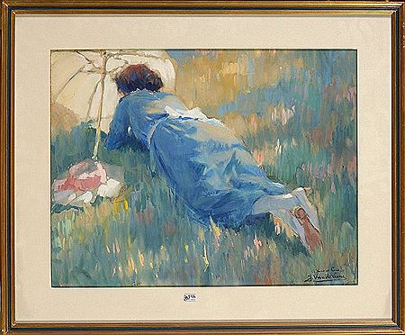 "Elegant woman with a parasol lying on the grass"