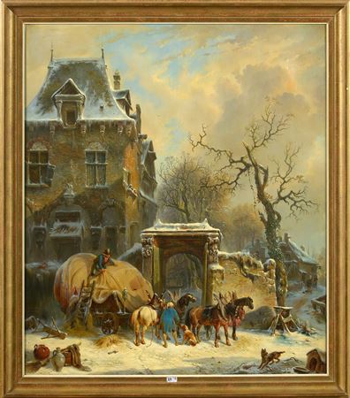 "The hay wagon harnessed in front of the porch of a snowy castle"