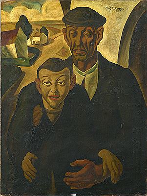 "Peasant and his child on a country landscape"