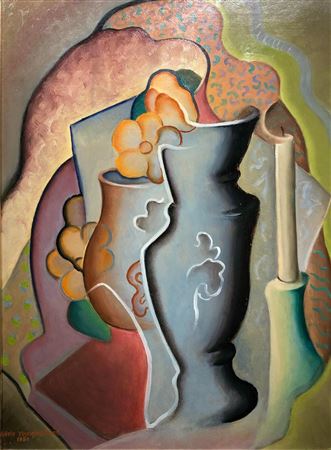 STILL LIFE WITH CANDLE AND VASE OF FLOWERS