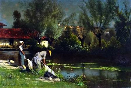 Washerwomen by Léon Dallemagne - Auction record, sale price, and art valuation. Compare with similar artists and explore comparable artworks.