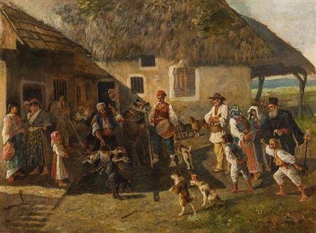 „Showman with trained dogs in a village“