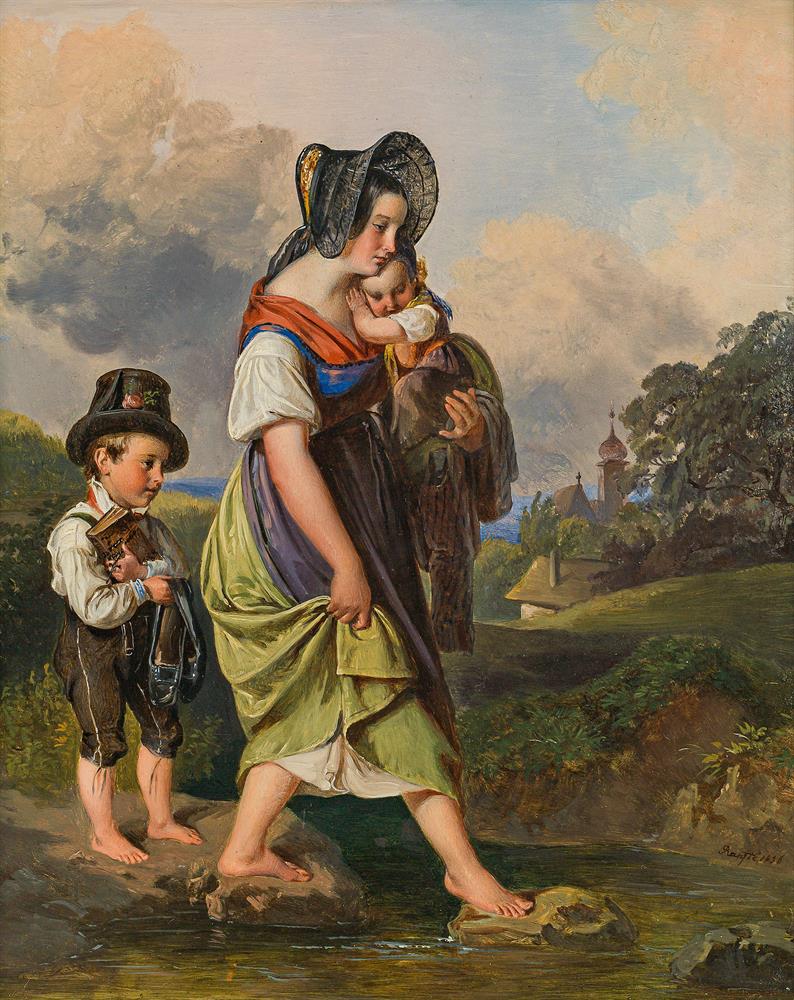 Mother and her children on the way home from church