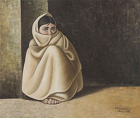 Seated figure wearing a woven sarape