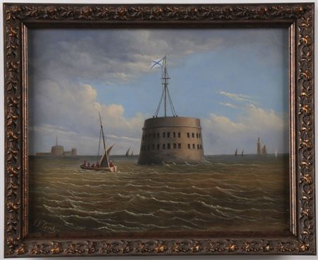 Floating Fort in the Gulf of Finland with Russian Navy Ensign Flag - c. 1860
