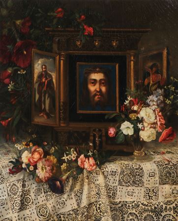 A Still Life with Triptych and Flowers on Lace Tablecloth - 1848 by Emile Serda - Auction record, sale price, and art valuation. Compare with similar artists and explore comparable artworks.