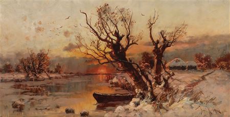 Winter Dusk Scene with Boat