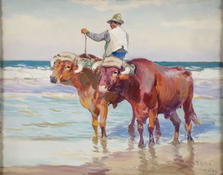 "Oxen and Handler on the Beach, Cabañal - circa 1922"