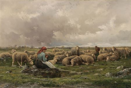 A Shepherdess and Flock of Sheep - circa 1890