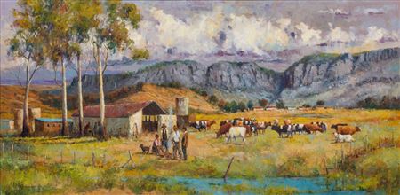Rural Scene with Figures & Cattle by Phillip Britz - Auction record, sale price, and art valuation. Compare with similar artists and explore comparable artworks.