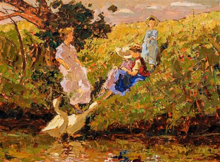 Mother & Children Feeding Geese by Danie Smith - Auction record, sale price, and art valuation. Compare with similar artists and explore comparable artworks.