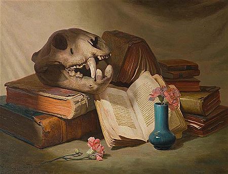 Still life with skull and books