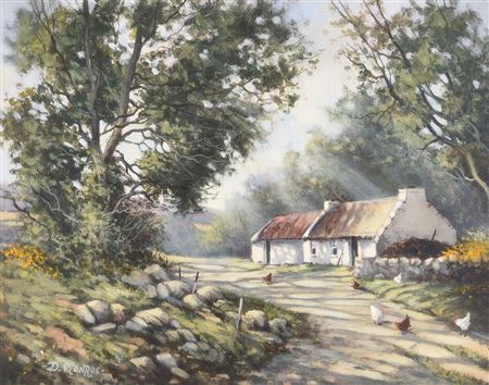 CHICKENS BY AN IRISH THATCHED COTTAGE
