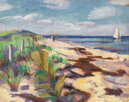 Ostseestrand mit Paar und Segelboot