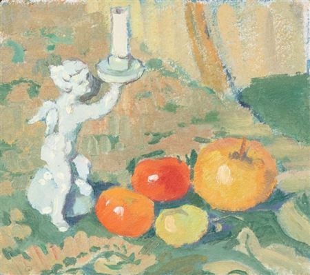 Stillleben mit Kerzenleuchter und Früchten