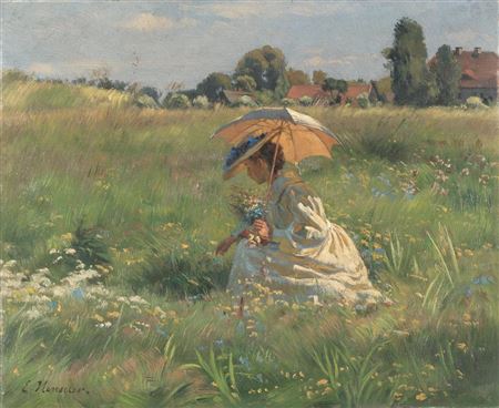 Lady with a parasol picking flowers (Forget-me-not)