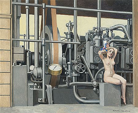 Female nude in a machine room