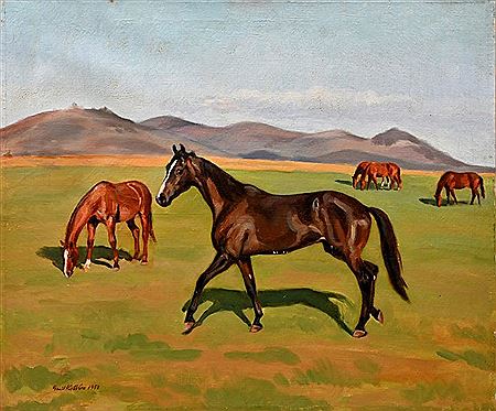 Pferde auf der Weide (Dunkelfuchs im Trab) by Emil Kotrba - Auction record, sale price, and art valuation. Compare with similar artists and explore comparable artworks.