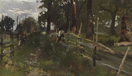 Bauernbub, am Gatter sitzend, Wohl um 1887.