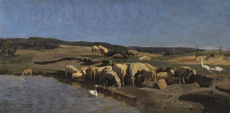 Oberbayerische Landschaft mit Schafen an der Tränke, Um 1870.