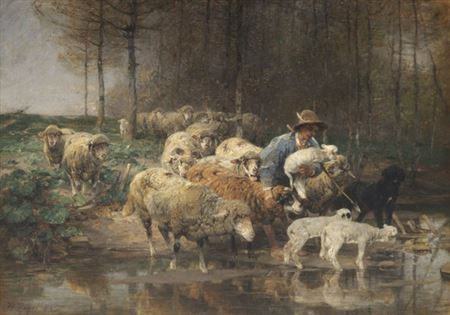 Schäfer mit Herde am Wasser, 1884.