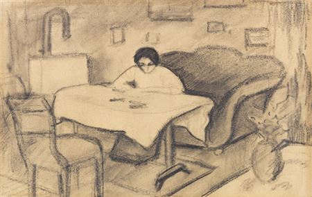 Elisabeth am Tisch im Wohnzimmer, 1910.