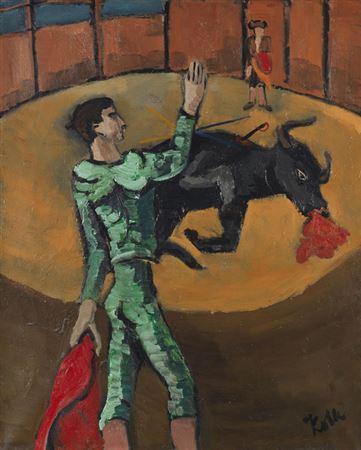 Arena mit Stierkämpfer und sterbendem Stier (Tauromachie III), Um 1930.