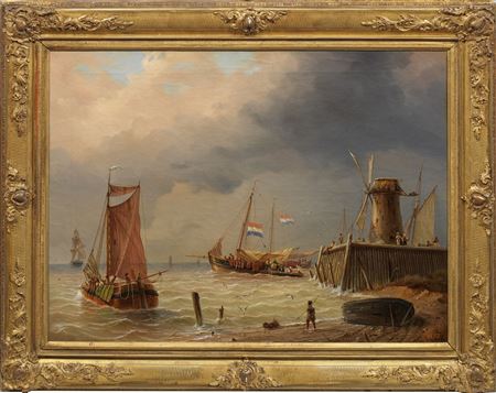 Dutch fishing harbor with boats and figures Picturesque scenery at a pier with windmill by Johann Baptist Weiss - Auction record, sale price, and art valuation. Compare with similar artists and explore comparable artworks.