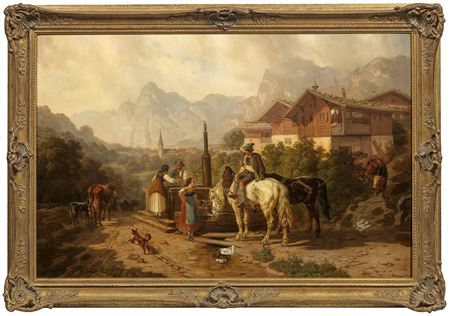 Chat at the village well in an alpine village