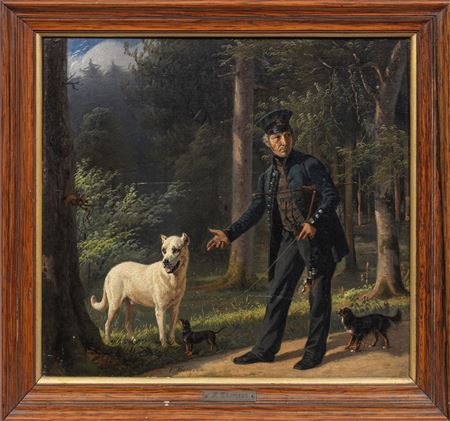 A man's walk in the woods with his dogs