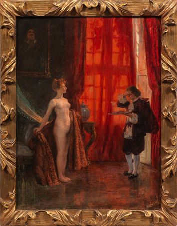 Erotic scene with a female nude and servant in a bedroom interior