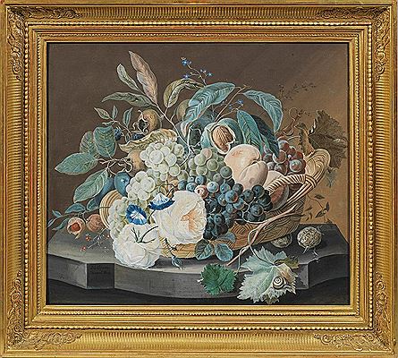 Still life with a basket, flowers, fruits and walnuts