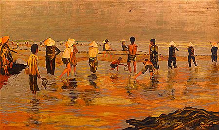 Scène atmosphérique avec des pêcheurs et leur filet sur une plage peu profonde