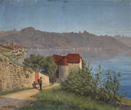 Glérolles Castle with Lake Geneva, Saint-Saphorin, mountains.