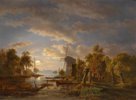 River landscape with mill by moonlight.