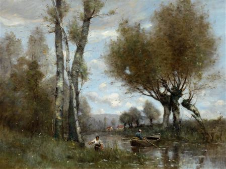 Le faucheur et un rameur sur la rivière.