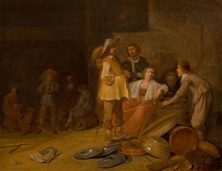 Soldiers, an officer and a young woman in a guardroom