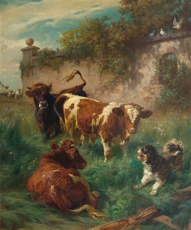 Cows and dog with peasants harvesting. 1864.